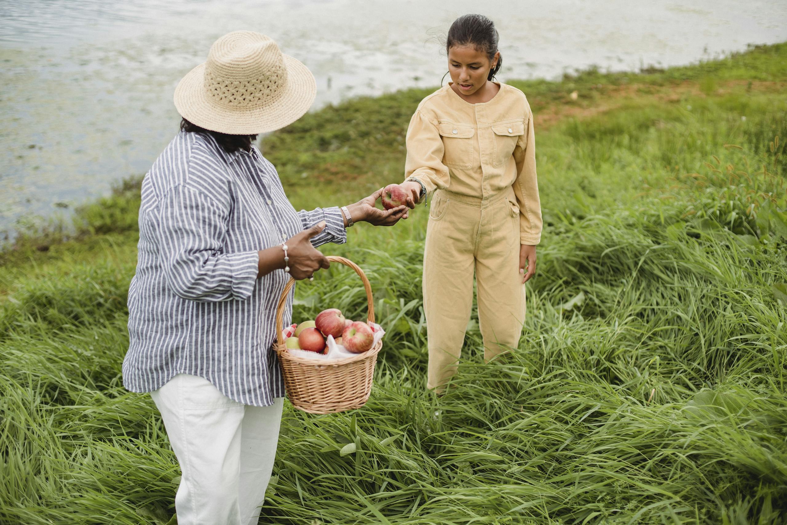 Unrecognizable ethnic woman carrying wicker basket with apple harvest and giving fresh fruit to girl standing in high grass near lake